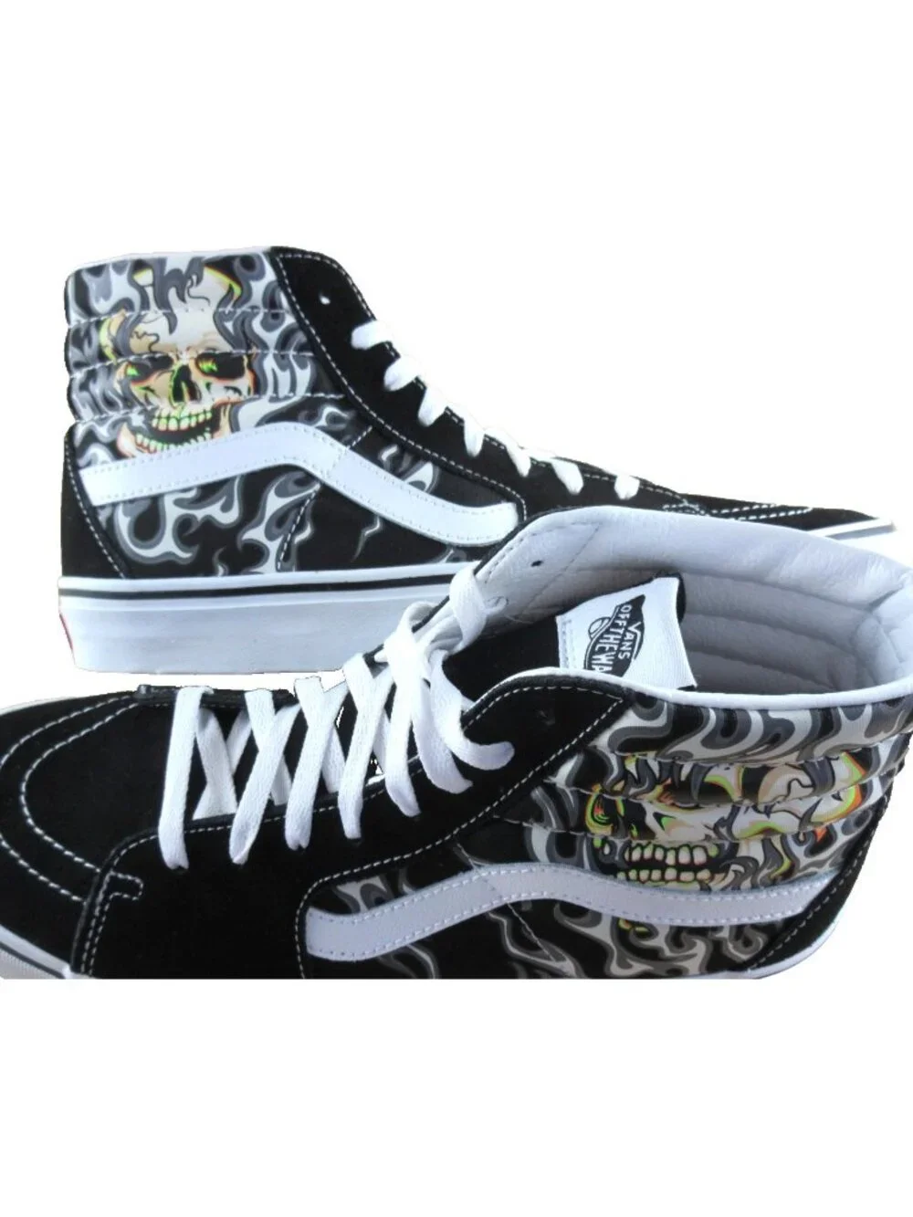 Vans Men's Sk8-Hi Flame Skull Black True White Canvas Suede shoes Size 11 NEW